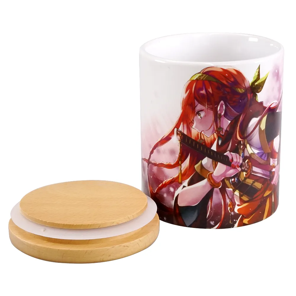 フルカラー陶器木製蓋付きキャニスター350ml