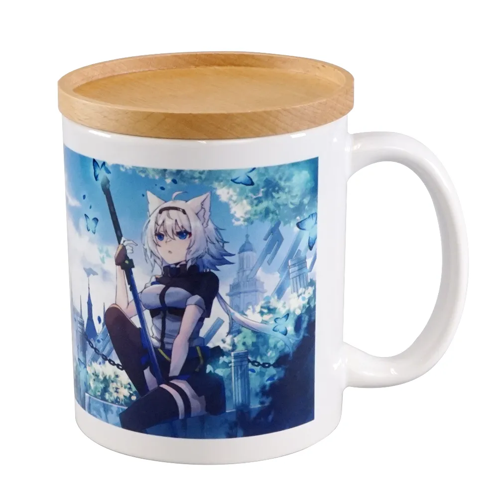 フルカラー陶器木製蓋付きマグカップ350ml