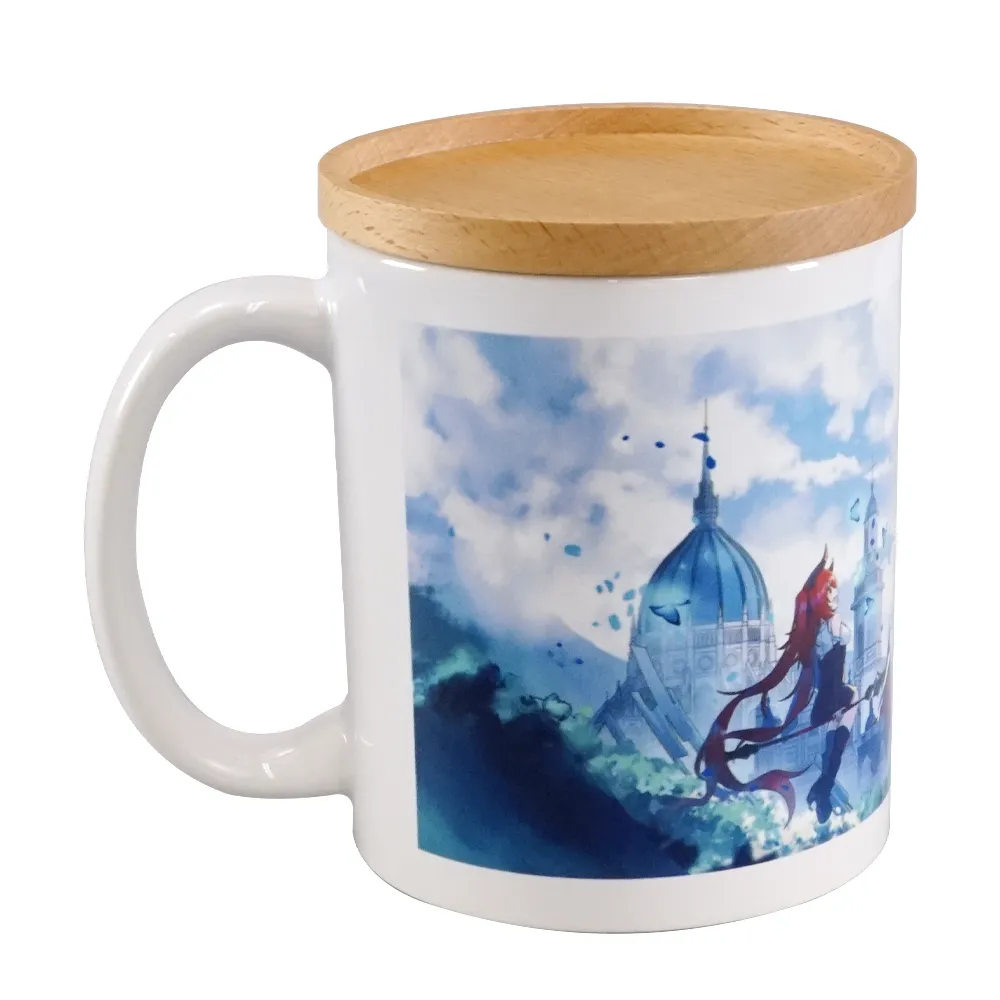 フルカラー陶器木製蓋付きマグカップ350ml