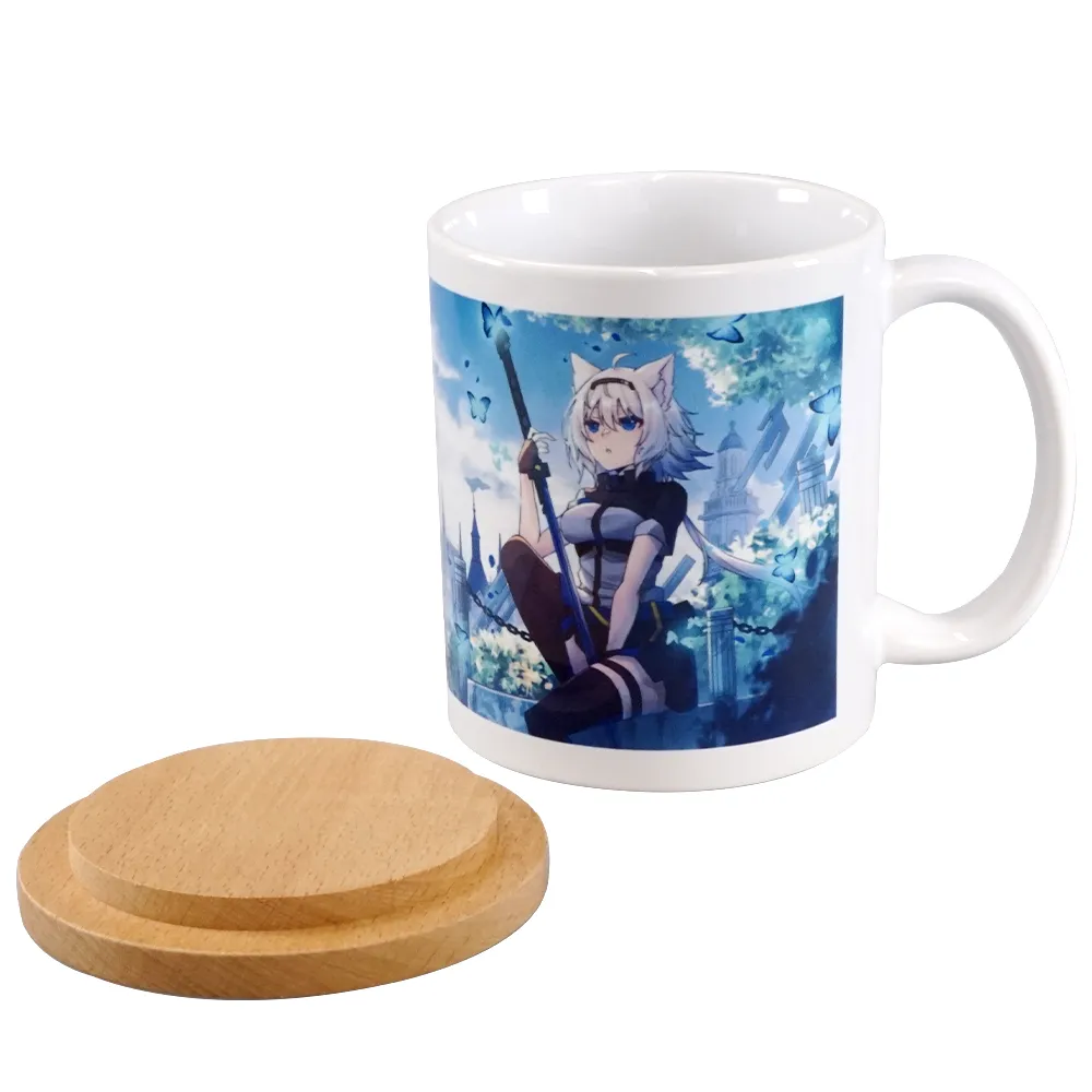 フルカラー陶器木製蓋付きマグカップ350ml