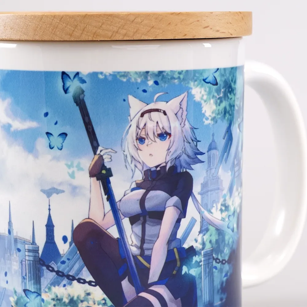 フルカラー陶器木製蓋付きマグカップ350ml