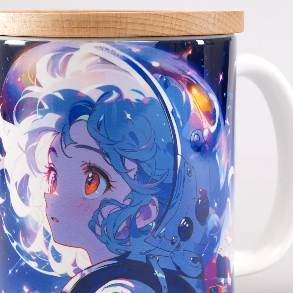 フルカラー陶器木製蓋付きマグカップ350ml