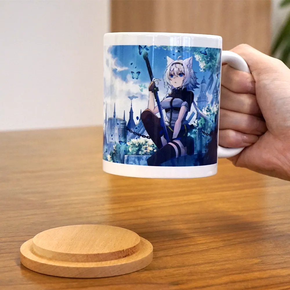 フルカラー陶器木製蓋付きマグカップ350ml