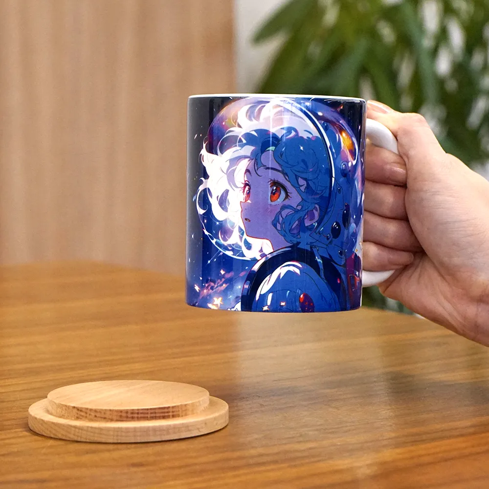 フルカラー陶器木製蓋付きマグカップ350ml