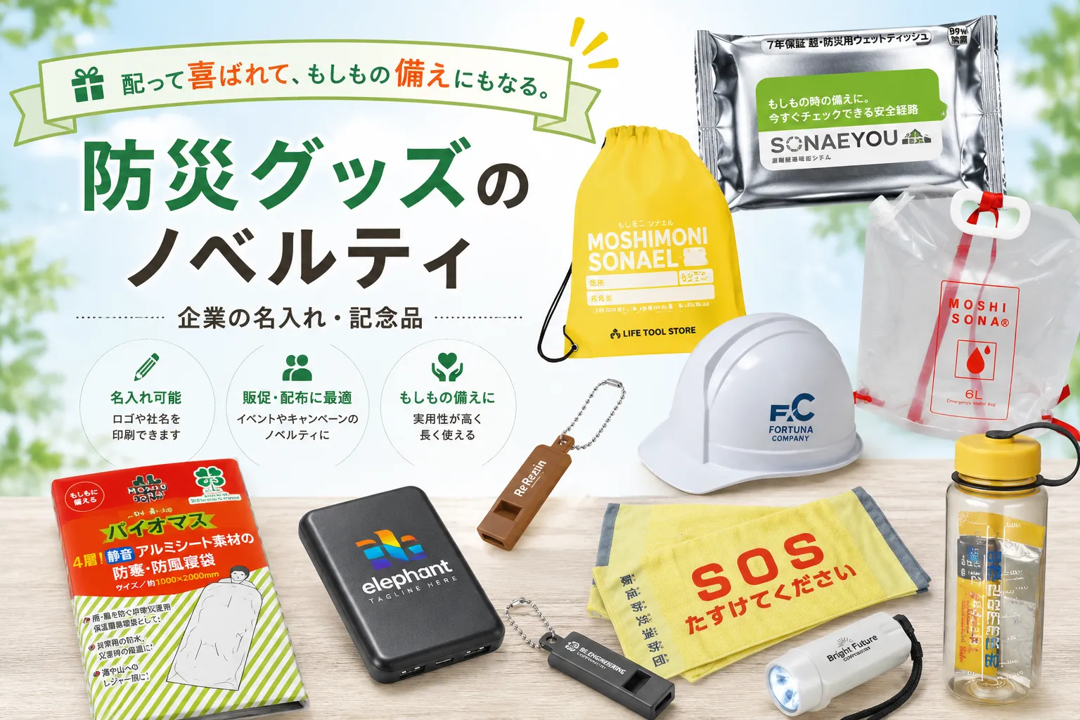 コニール　ノベルティ　グッズ　19点セット 防災グッズのノベルティ｜最安93.5円～企業の名入れ/ロゴ入れ記念品