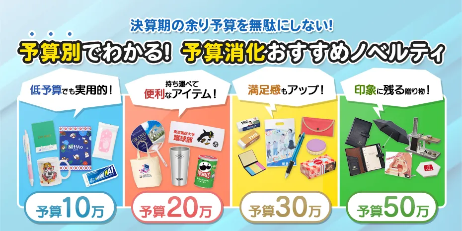 予算毎におすすめノベルティがそれぞれ並んでいるイメージ。