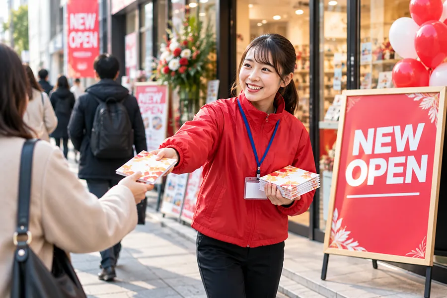 街頭配布・店舗の集客告知でオリジナルカイロを配るイメージ