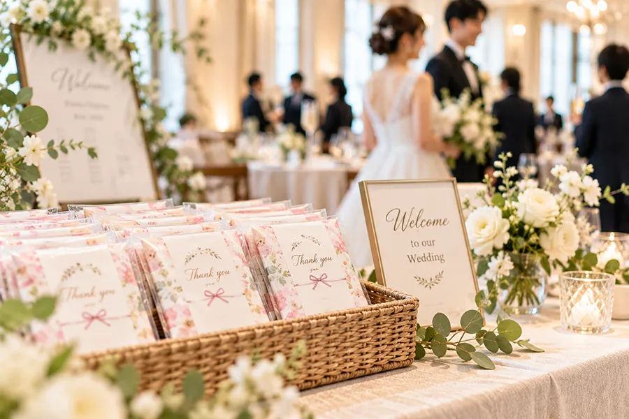 結婚式のプチギフトとしてオリジナルカイロを渡すイメージ