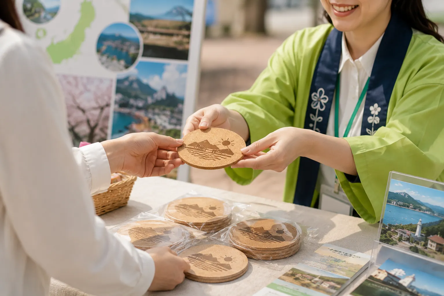 観光PRや地域イベントの配布物に最適なコルクやサステナブル素材のコースター