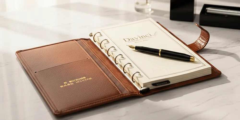 高価そうな文房具(主に手帳）が並んだイメージ。