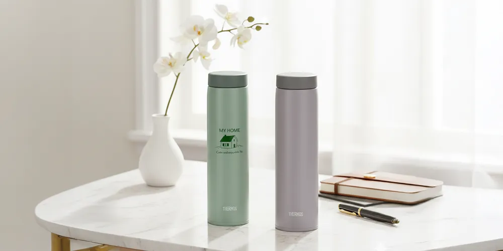 高価そうなボトルや水筒が並んだイメージ。