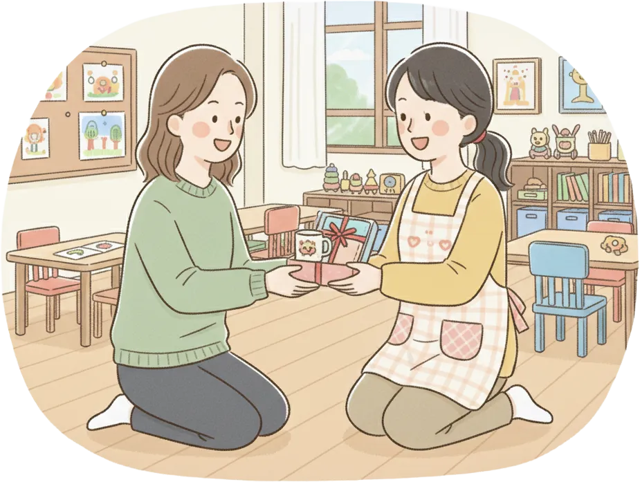 保護者が先生に卒園記念品を渡すイメージイラスト。