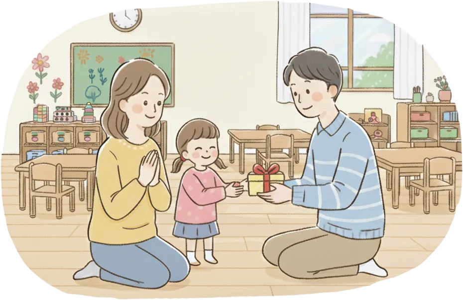 保護者から園児へ卒園記念品を渡すイメージイラスト。