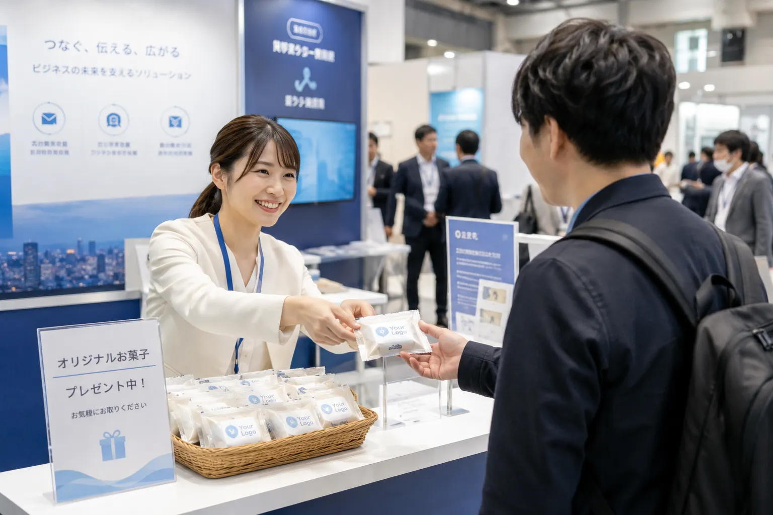 展示会ブースで配布するシーン