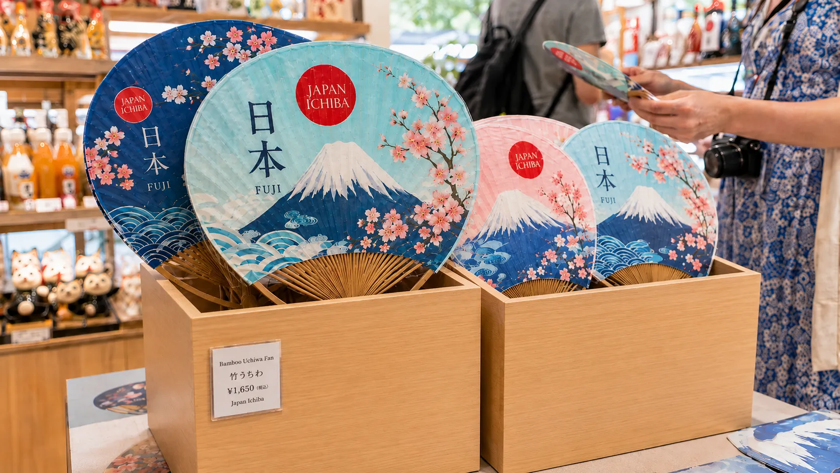 土産物店に並ぶ、和柄をあしらった物販向けの竹うちわ