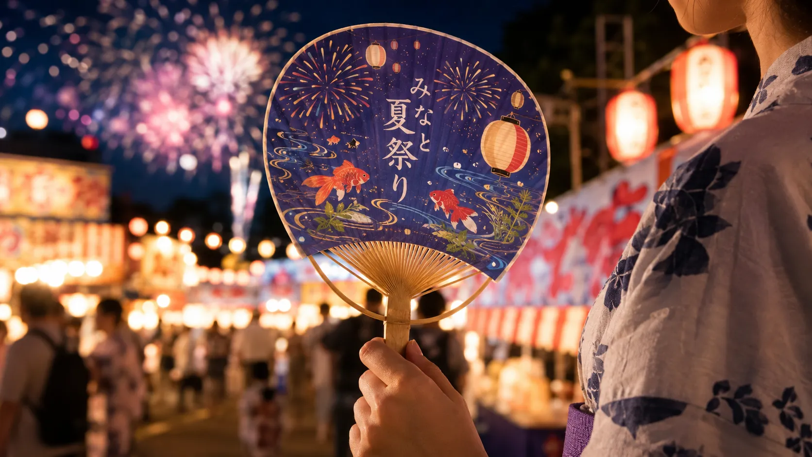夏祭りでオリジナル竹うちわを手に持ち涼んでいる浴衣姿のシーン