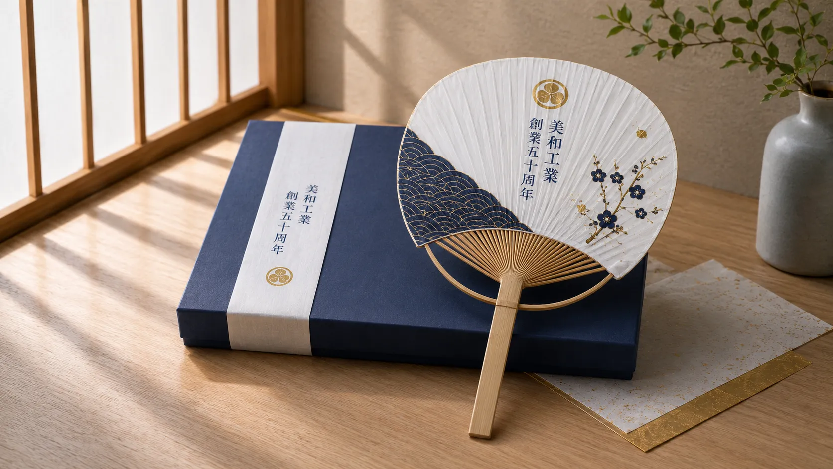 周年記念の記念品として化粧箱に添えられた竹うちわ