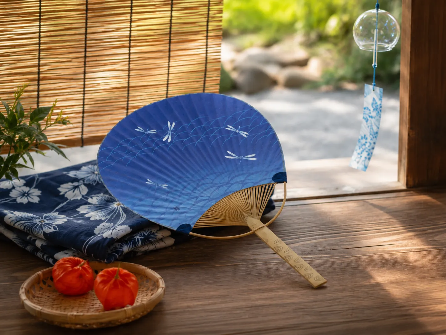 持ち手に焼印をほどこした和柄の名入れ竹うちわと夏の和小物