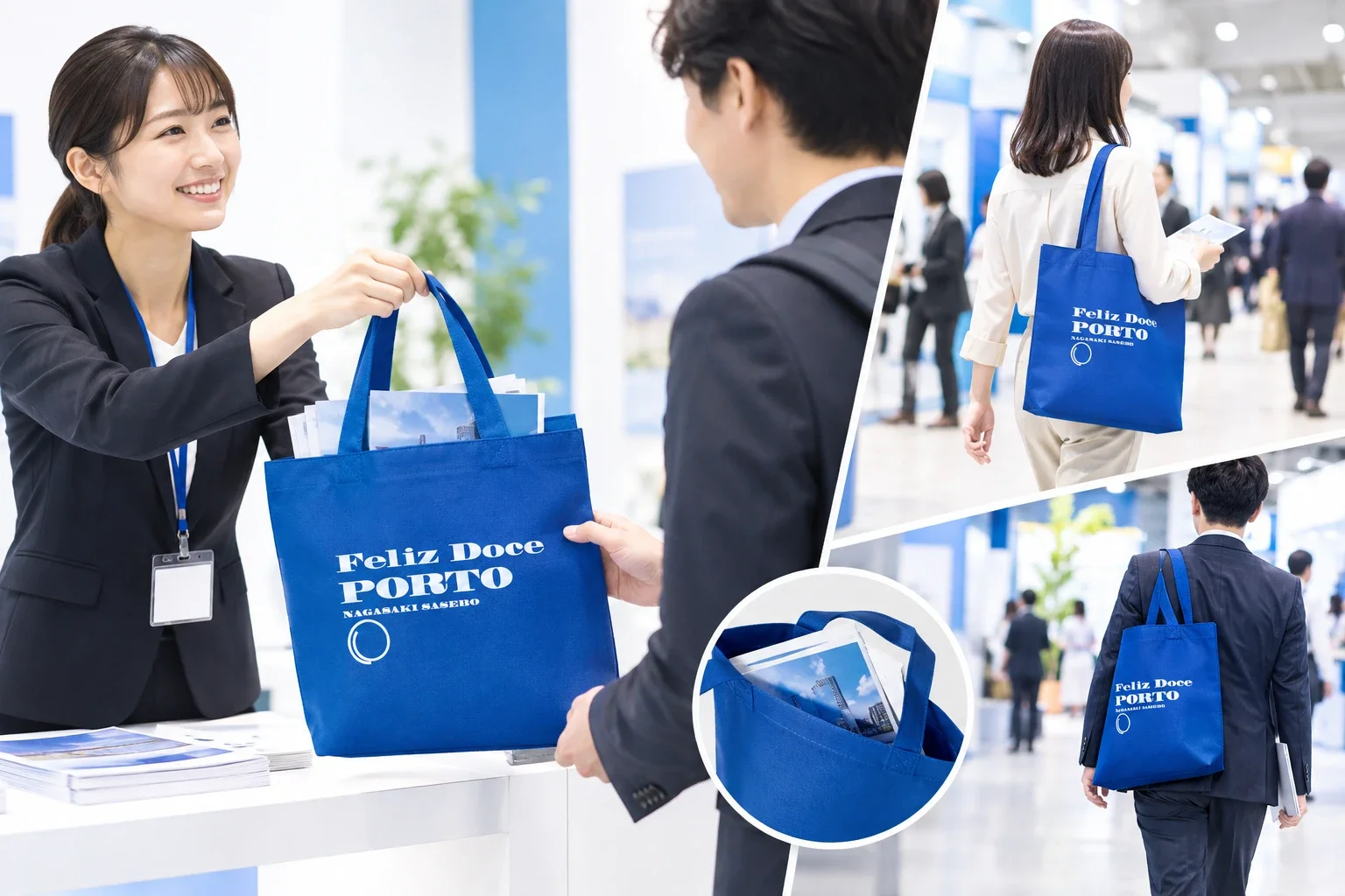 展示会でトートバッグを配布するイメージ