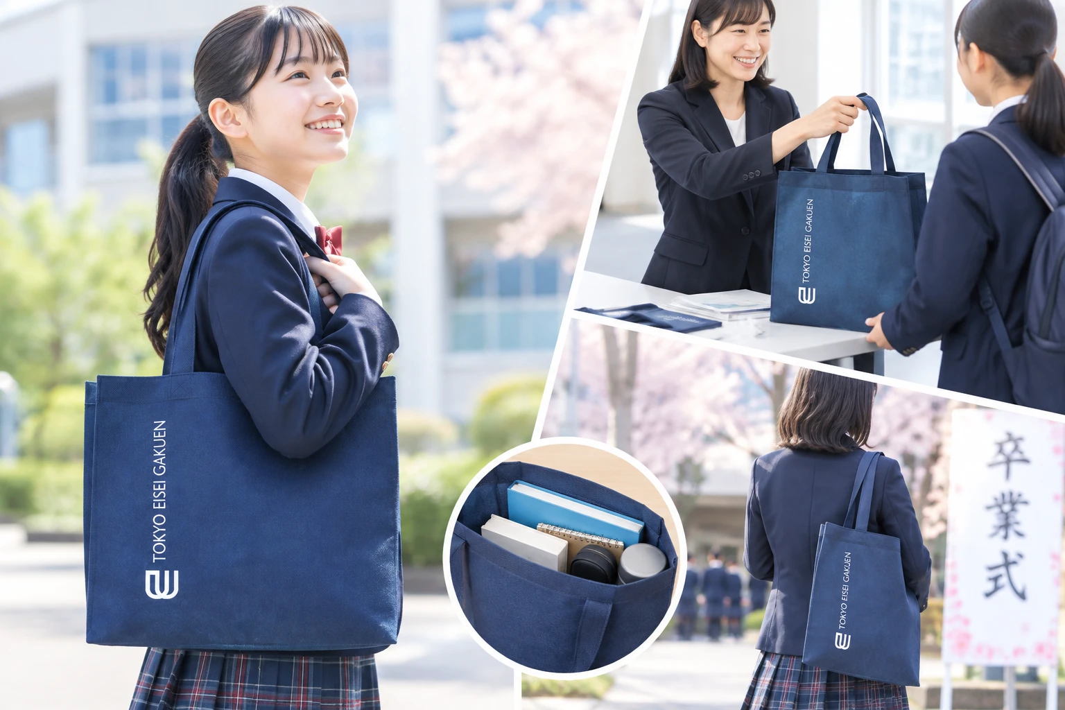 学校・団体の記念品としてトートバッグを配布するイメージ